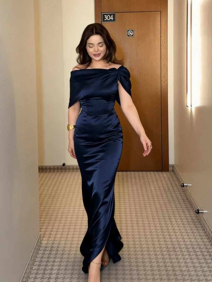 Navy Satin One-Shoulder Draped Column Gown