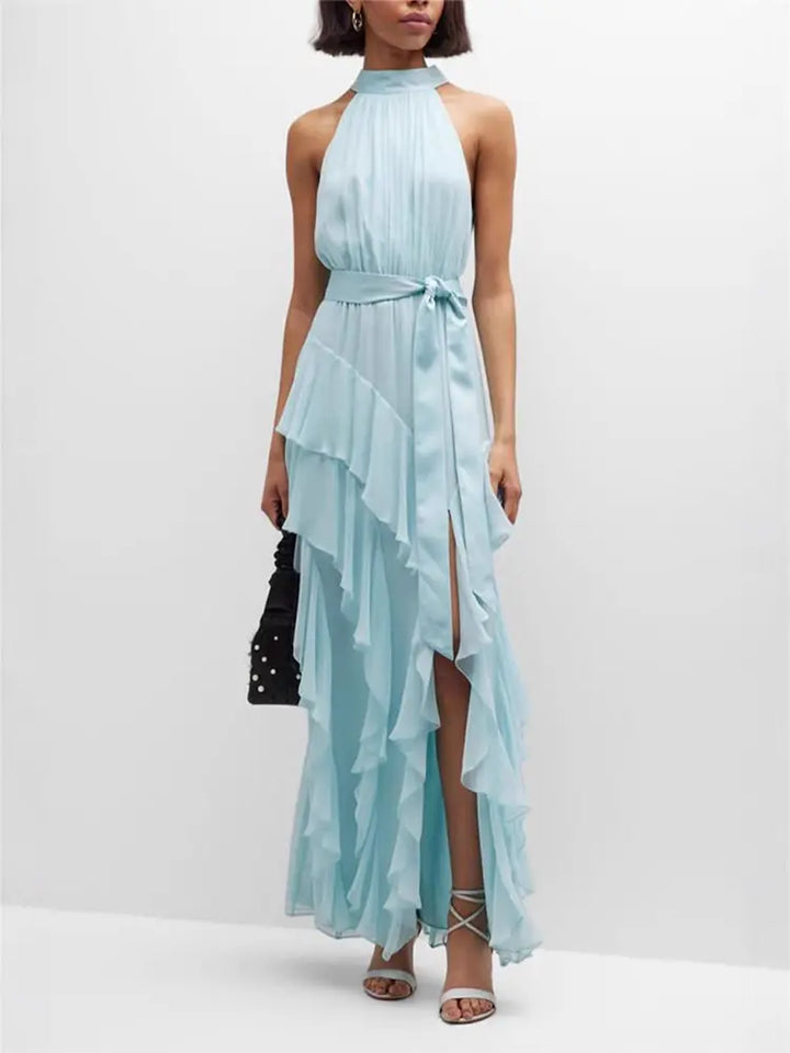 Halter Tie-Back Ruffle Maxi Dress