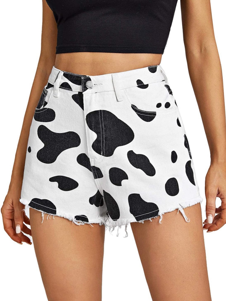 Pantalones cortos con estampado de vaca marrón estilo vaquero