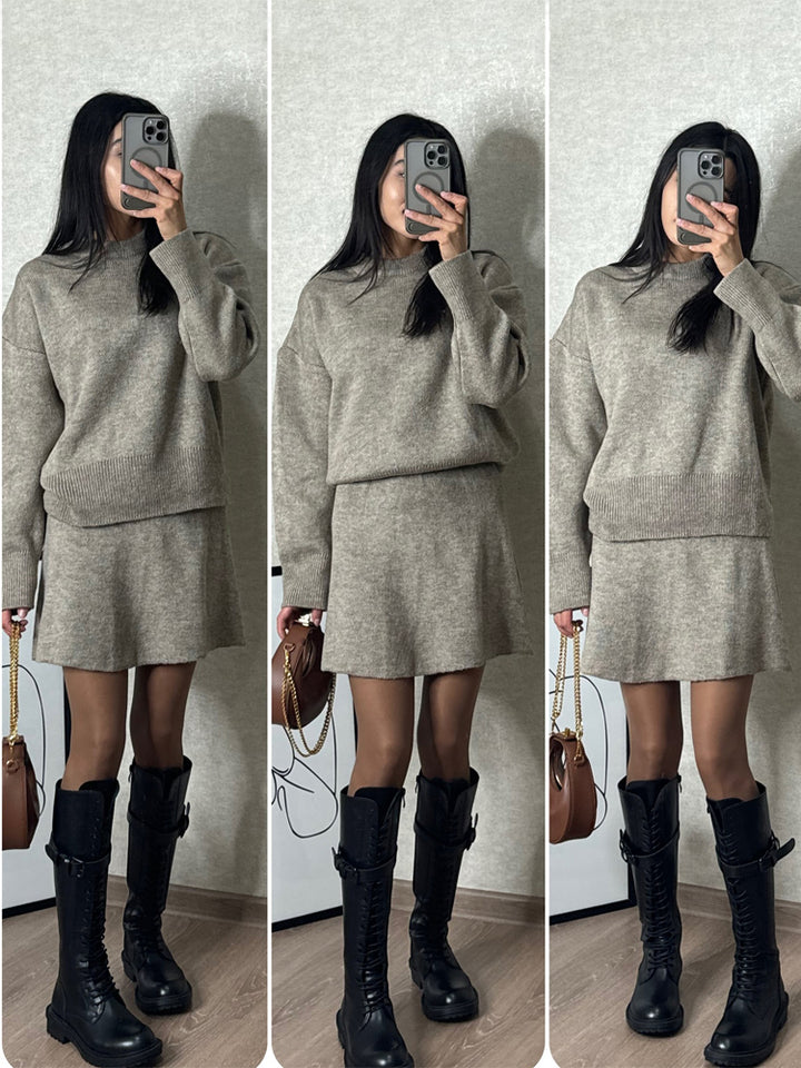 Solid Color Knit Sweater at Mini Skirt Set