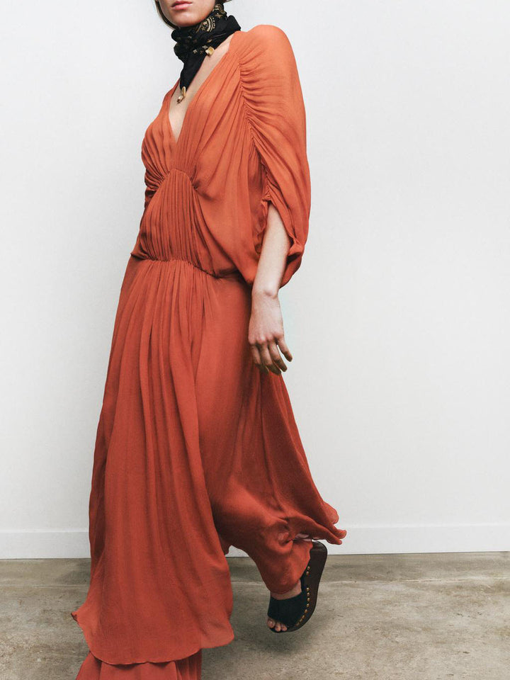 Terracotta Chiffon Flowy Maxi Dress
