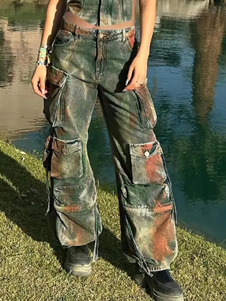 Pantaloni la modă din denim contrastant