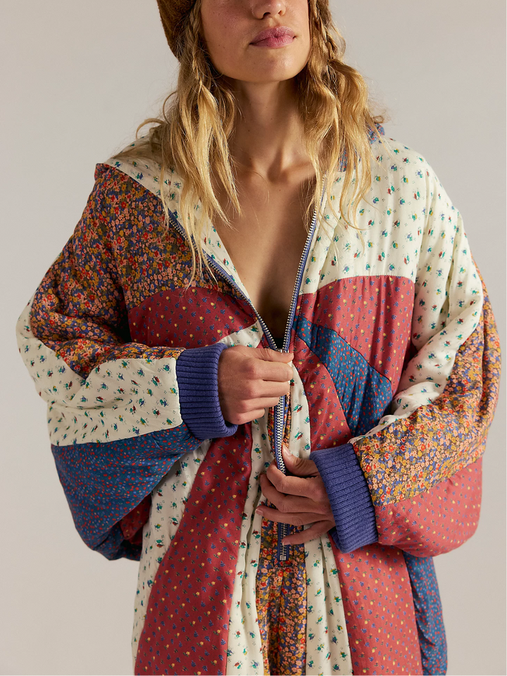 Patchwork Floral Print Hooded Jumpsuit