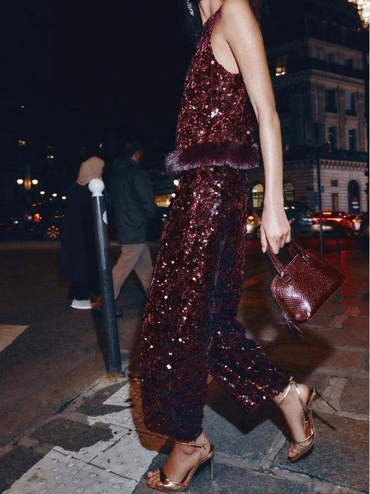 Sequined Faux Fur Hem Top & Pants Set