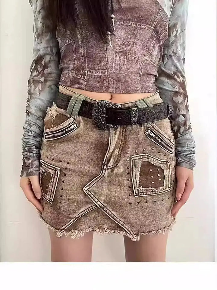 Trendy Studded Denim Skirt