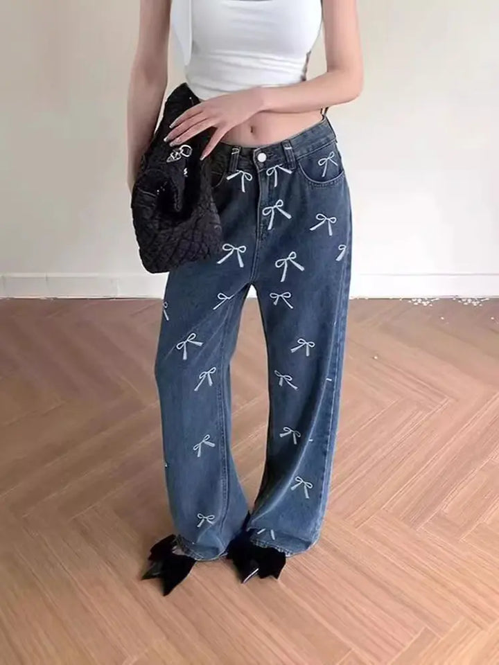 Bow Print Denim Pants