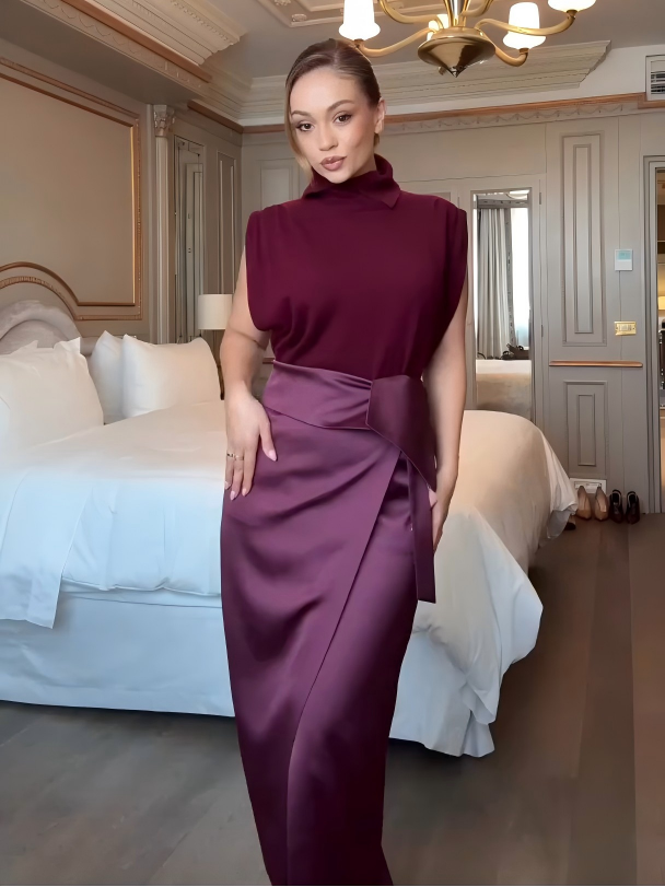 Merlot Knit Top Satin Skirt Set
