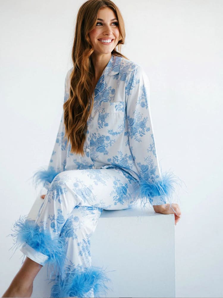 Blue Floral Print Satin Pajama Set