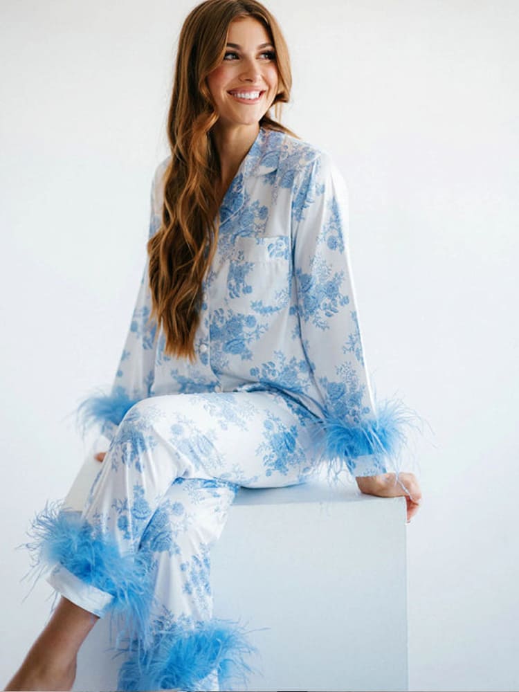 Set di Pigiama in Satin con Stampa Floreale Blu