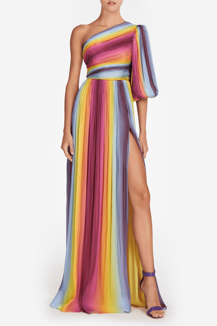 Off-shoulder maxi-jurk met regenboogprint