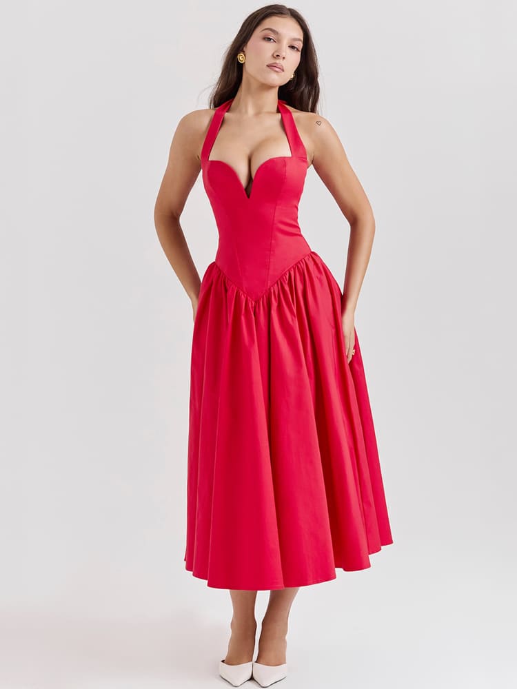 Vestido Midi com Decote Halter e Fenda Lateral - Vermelho Escarlate