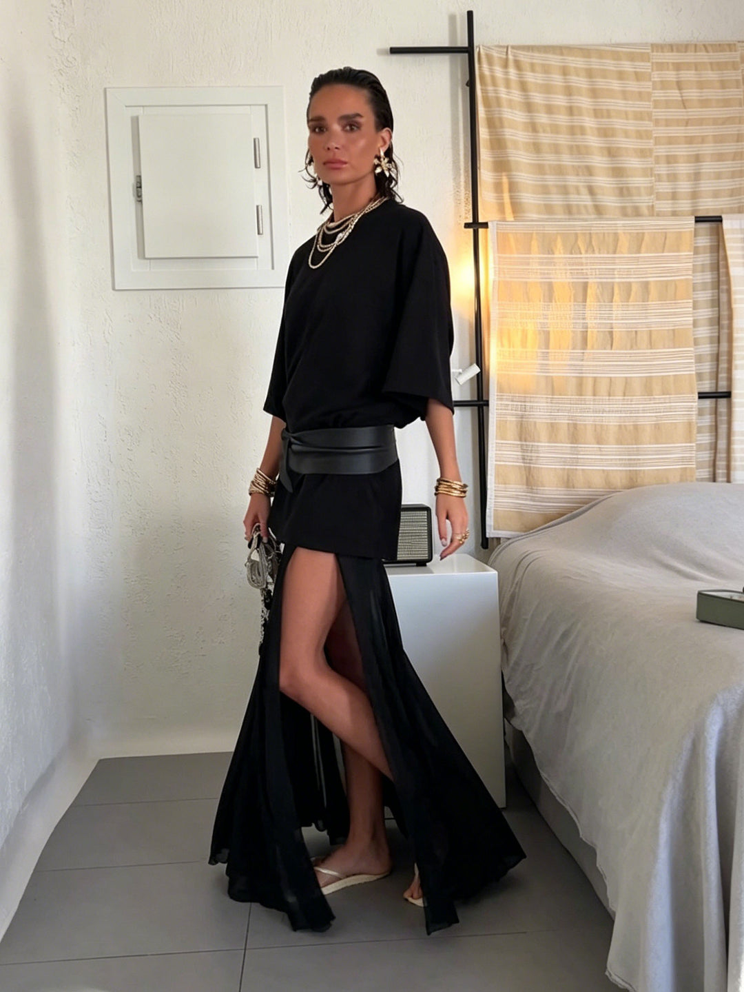 Conjunto de camiseta extragrande con falda maxi de gasa transparente en capas