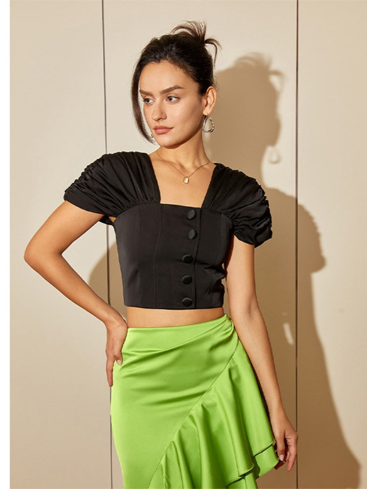 Černý crop top s nafouklými rukávy