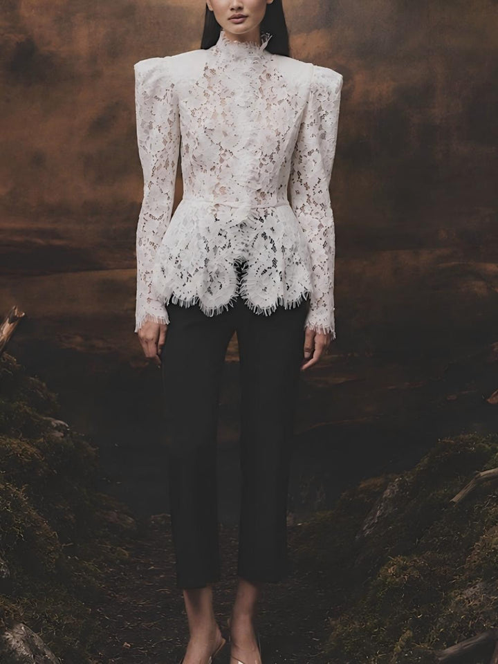 Structured Shoulder Floral Lace Peplum Top