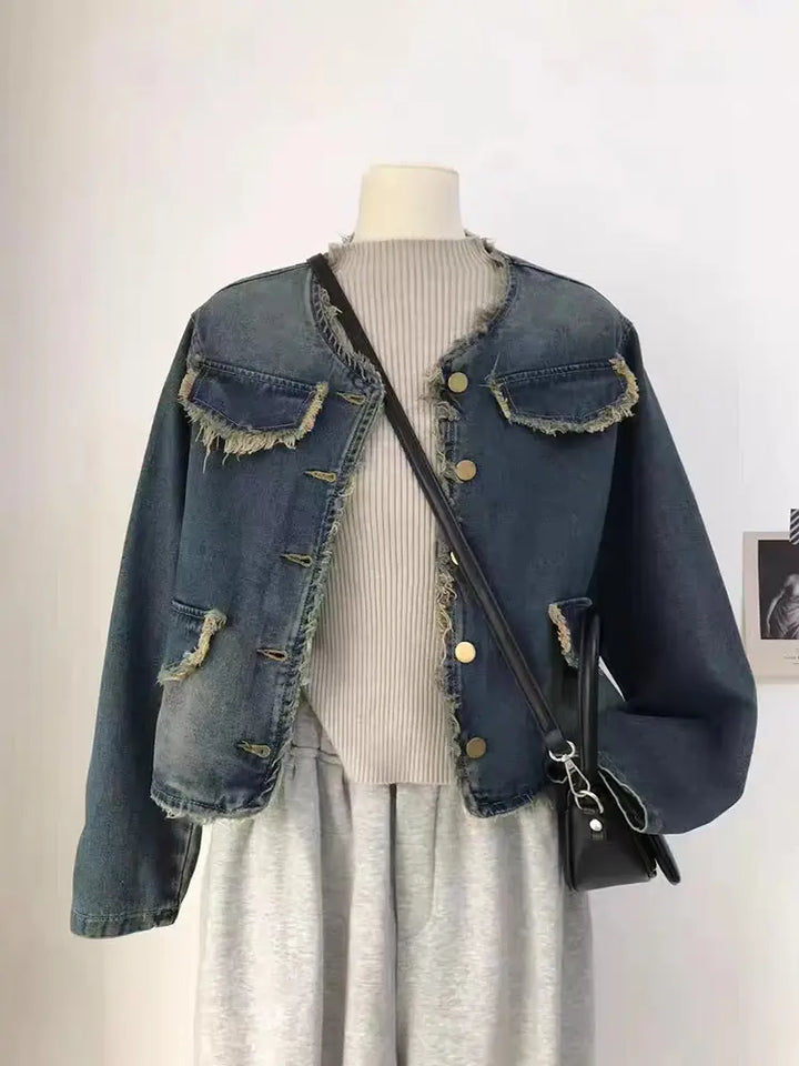 Vintage Ronde Hals Gefringeerd Denim