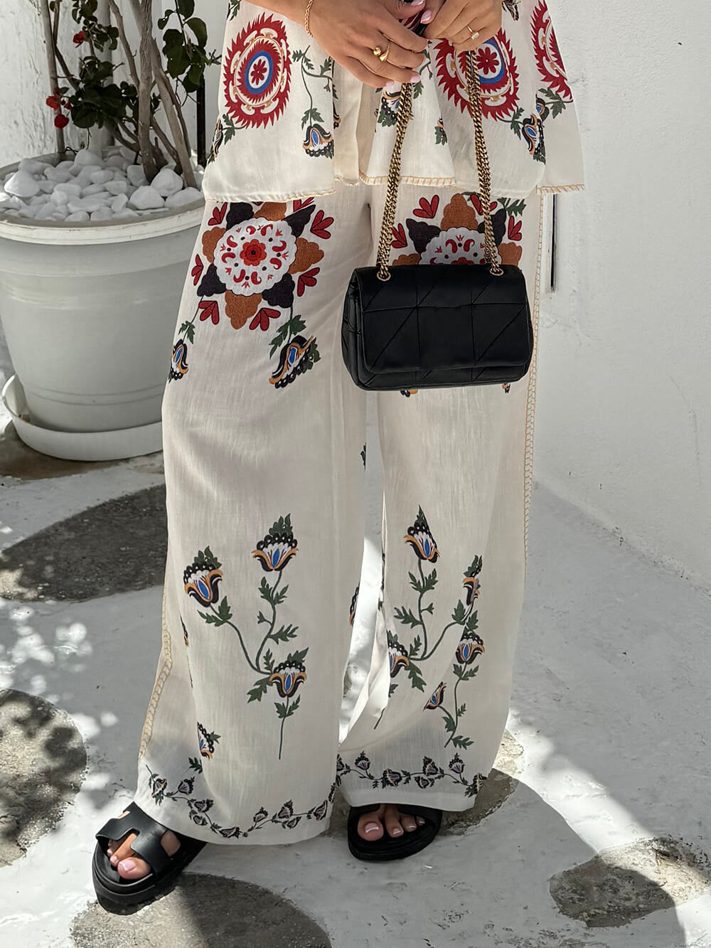 독특하고 절묘한 민족 꽃무늬 신축성 있는 허리 포켓 와이드 레그 팬츠 세트