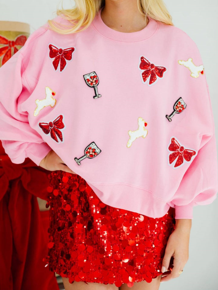 Sweatshirt de Noël à sequins avec nœud et verre à vin