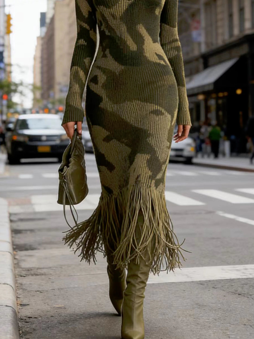 camo knit dress Army Camo Print V-Neck Ribbed Knit Midi Dress