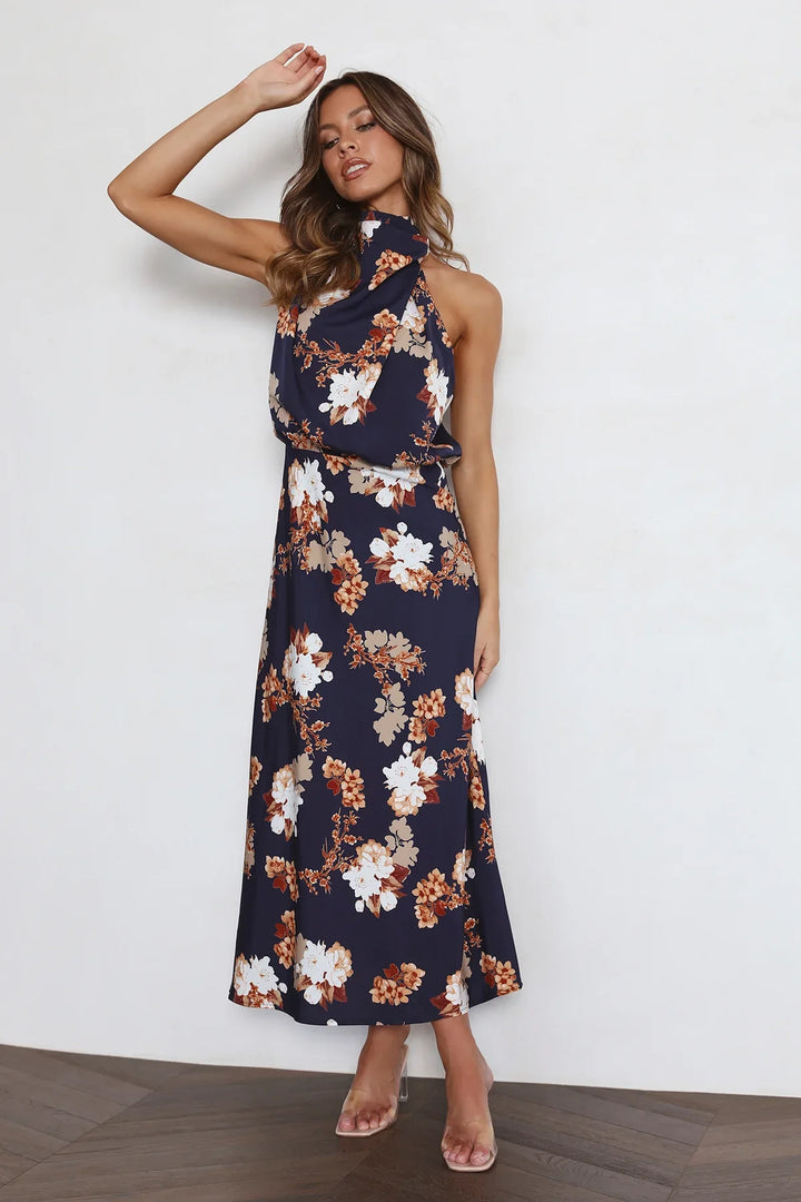 Wine Country Dates - Robe longue florale à col licou et taille élastique