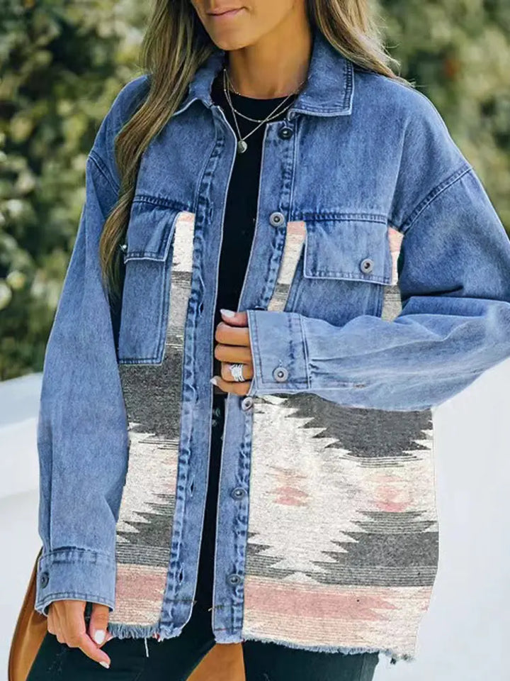 Boho Geometric Patchwork Denim Wool Coat