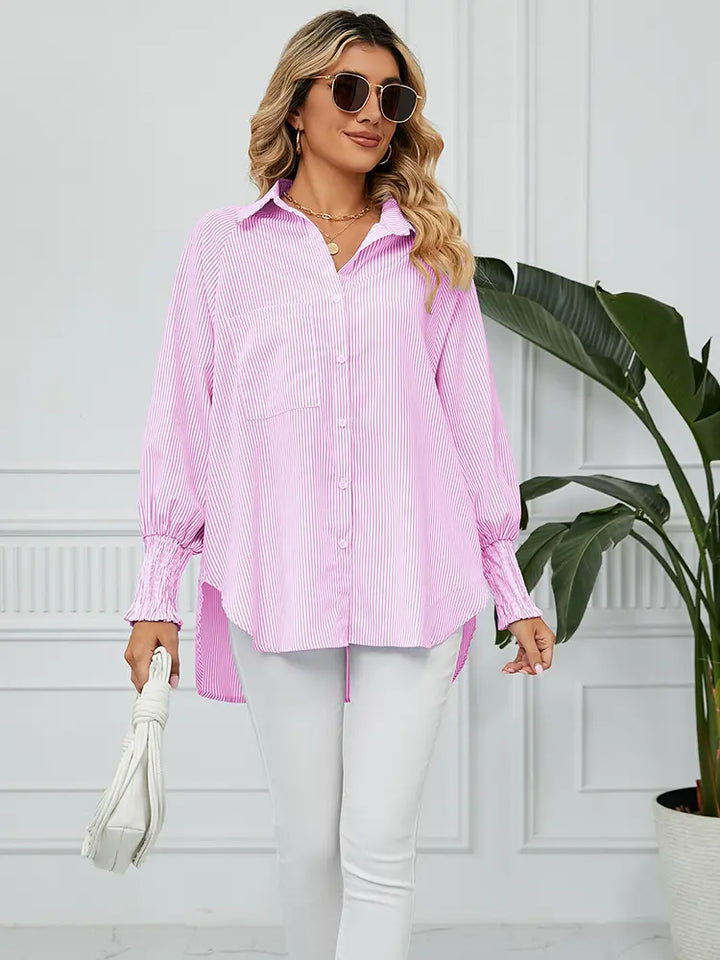 Loose-Fit Pleated Cuff Striped Shirt