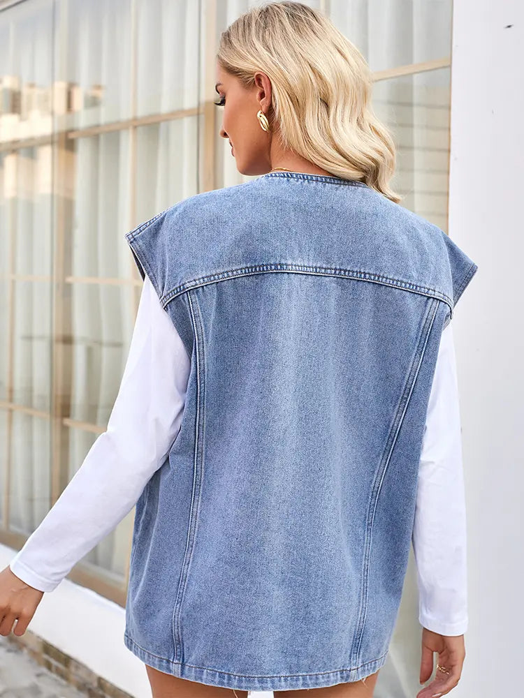 Trendy Washed Multi-Pocket Denim Vest