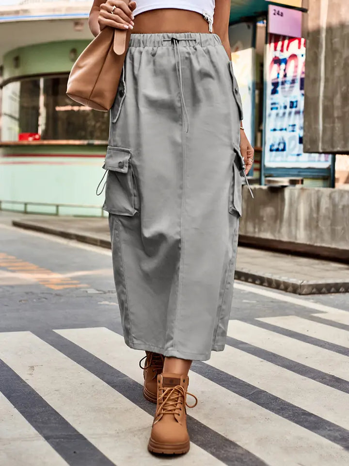 Drawstring Denim Cargo Midi Skjørt