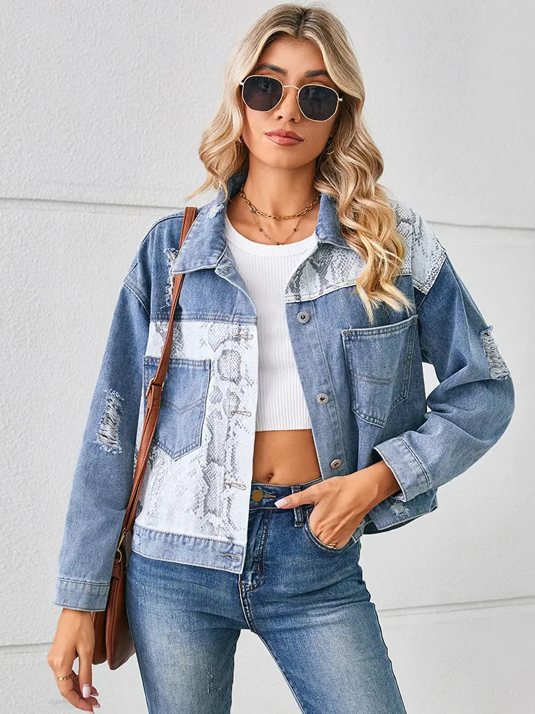 Animal Print Maikling Denim Jacket