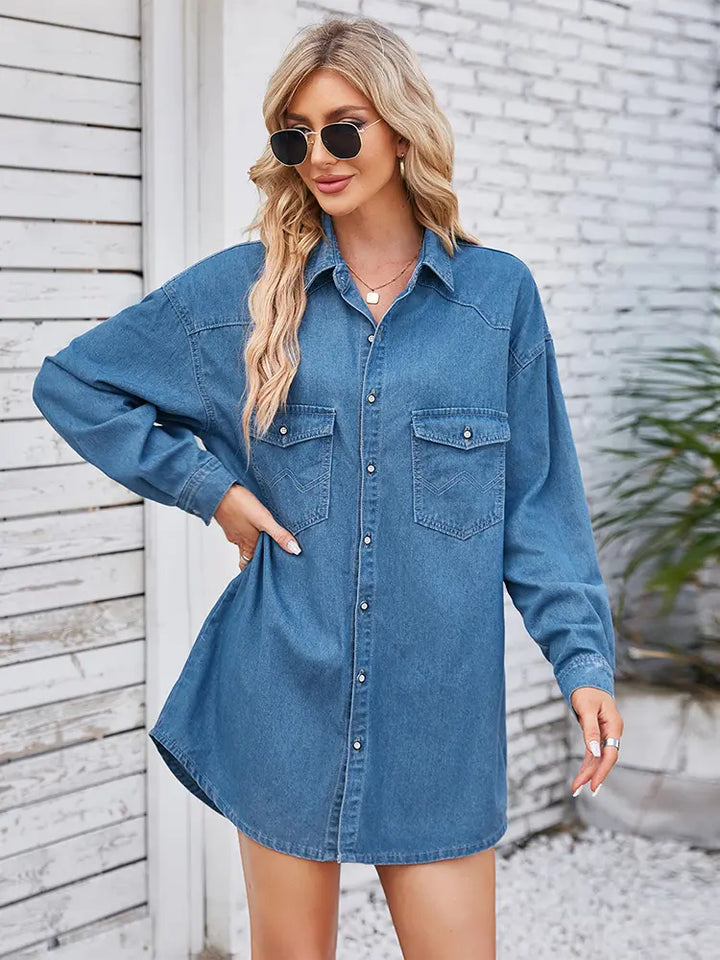 Vintage Washed Denim Long-Sleeve Midi Dress