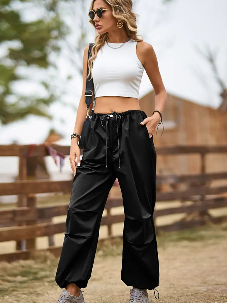 Vintage Street Style Drawstring Cargo Joggers