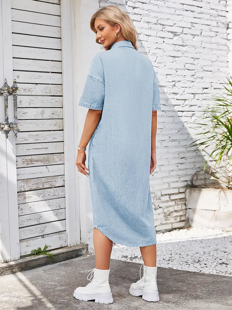 Losse Denim Maxi Jurk met Korte Mouwen