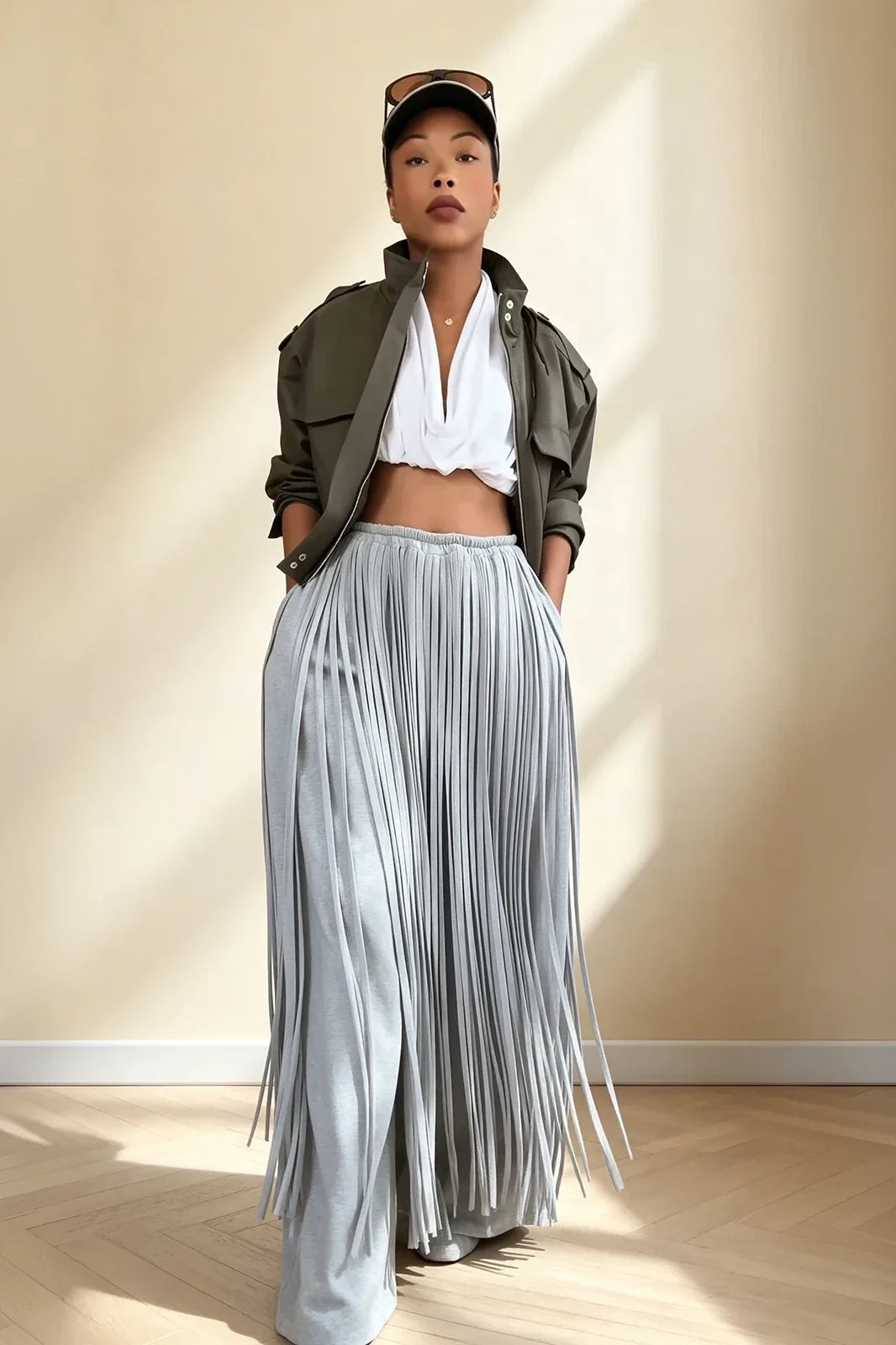 Grey na wide-leg pants na may makapal na palawit