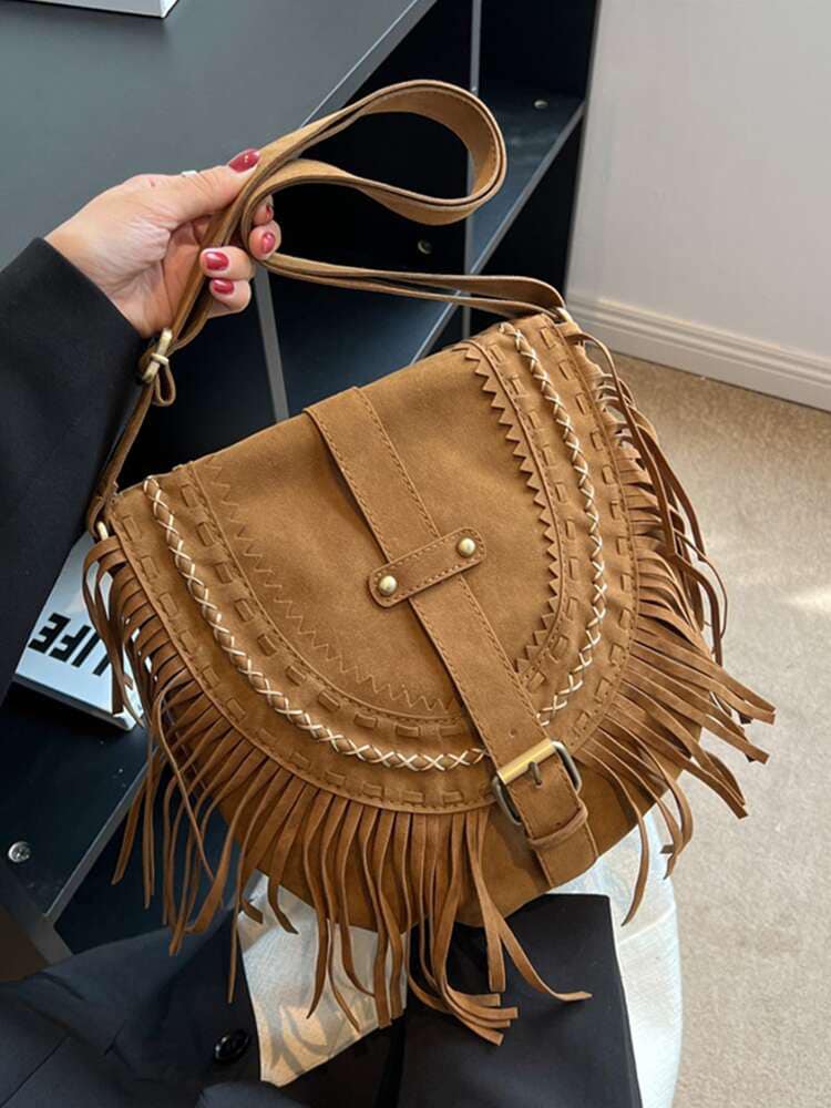 Bolso bandolera marrón estilo vaquero occidental con flecos