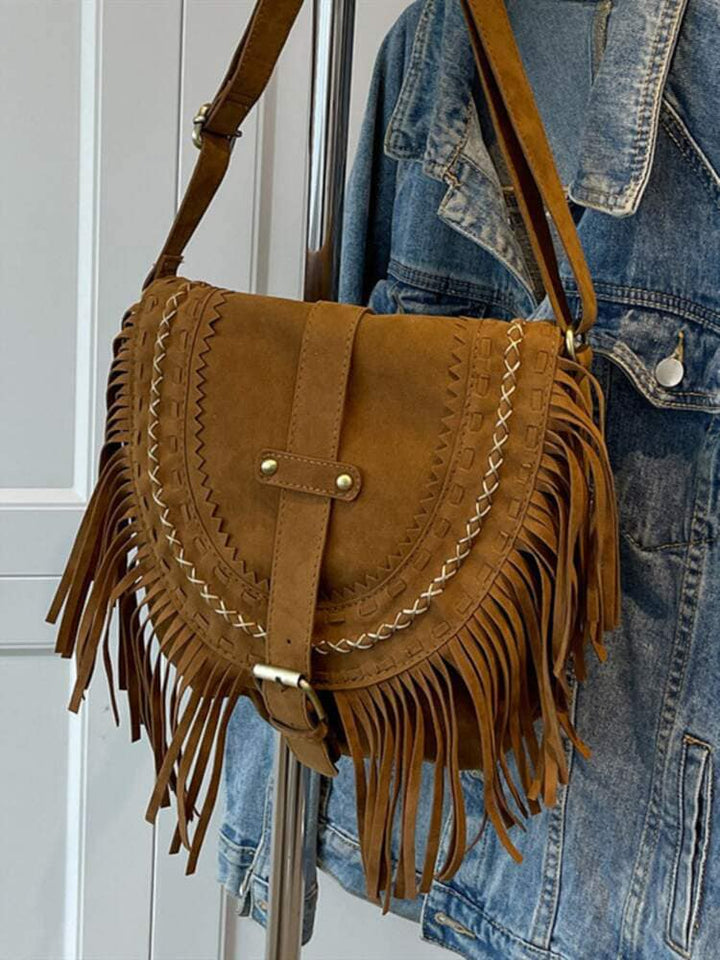 Bolso bandolera marrón estilo vaquero occidental con flecos