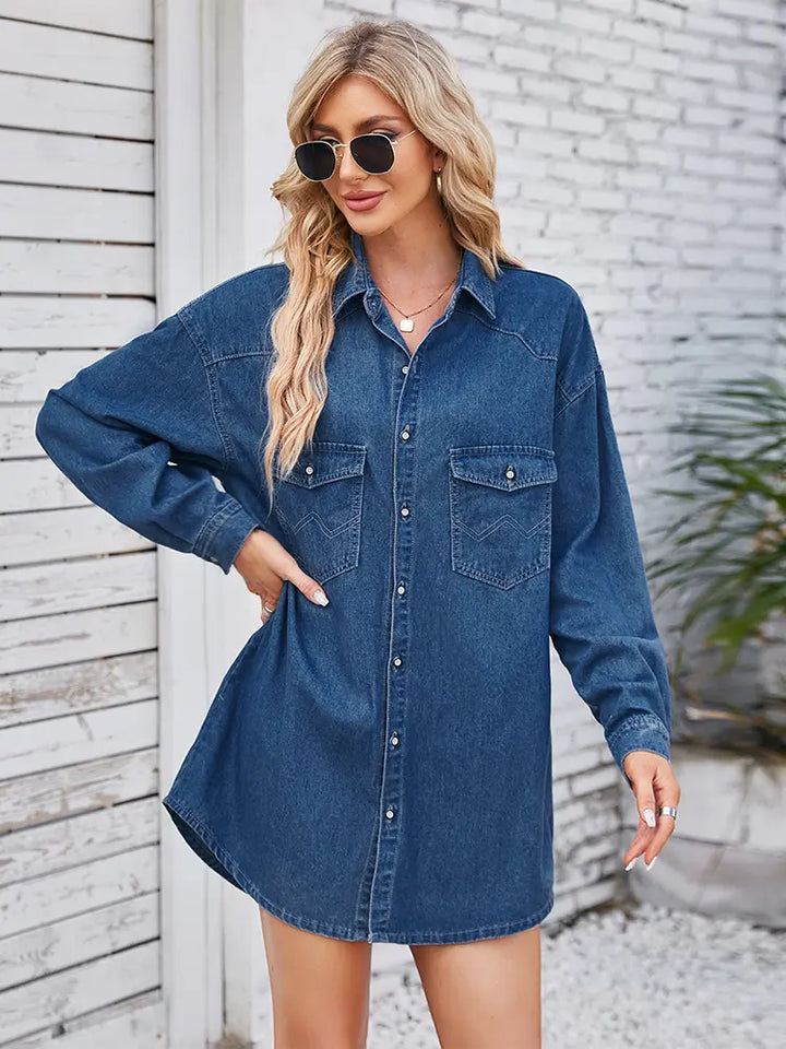 Vintage Washed Denim Long-Sleeve Midi Dress