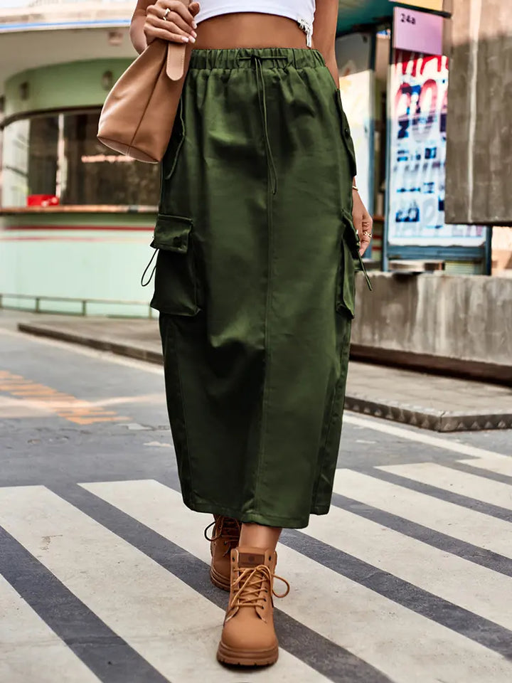 Drawstring Denim Cargo Midi Skirt