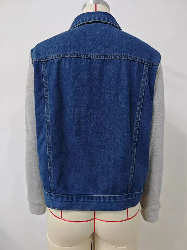 Color-Block Mahabang Manggas na Denim Jacket