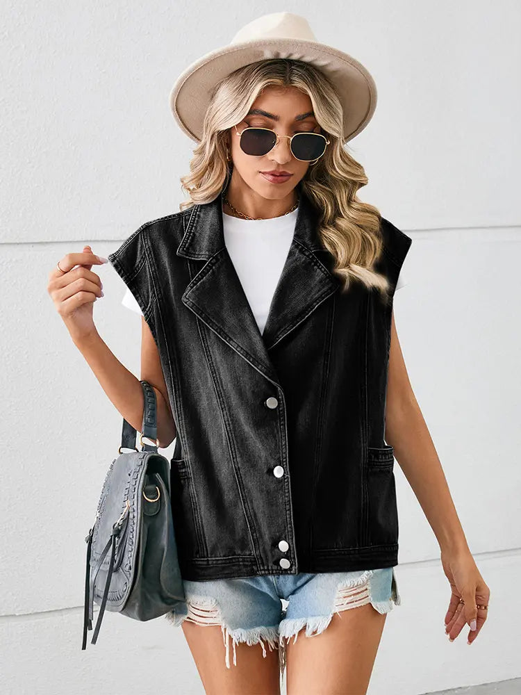 Loose-Fit Blazer Collar Washed Denim Vest