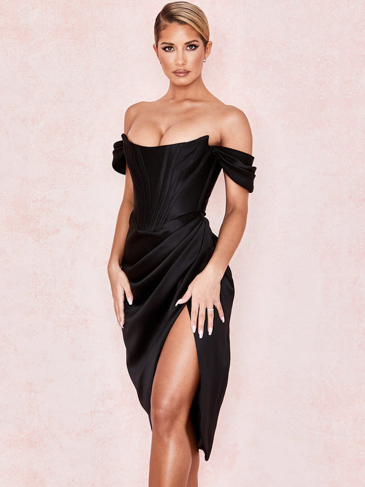 Robe midi bodycon corset à épaules dénudées - Noir