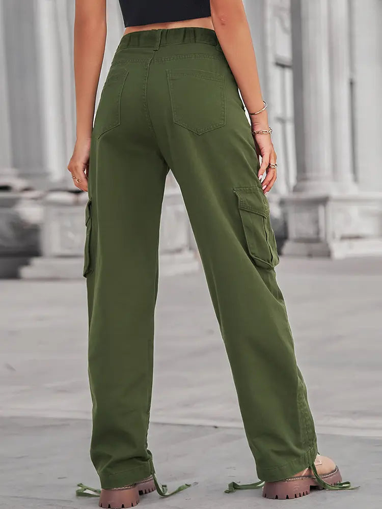 Casualne spodnie cargo z denimu z kieszenią na zamek i sznurkiem w pasie