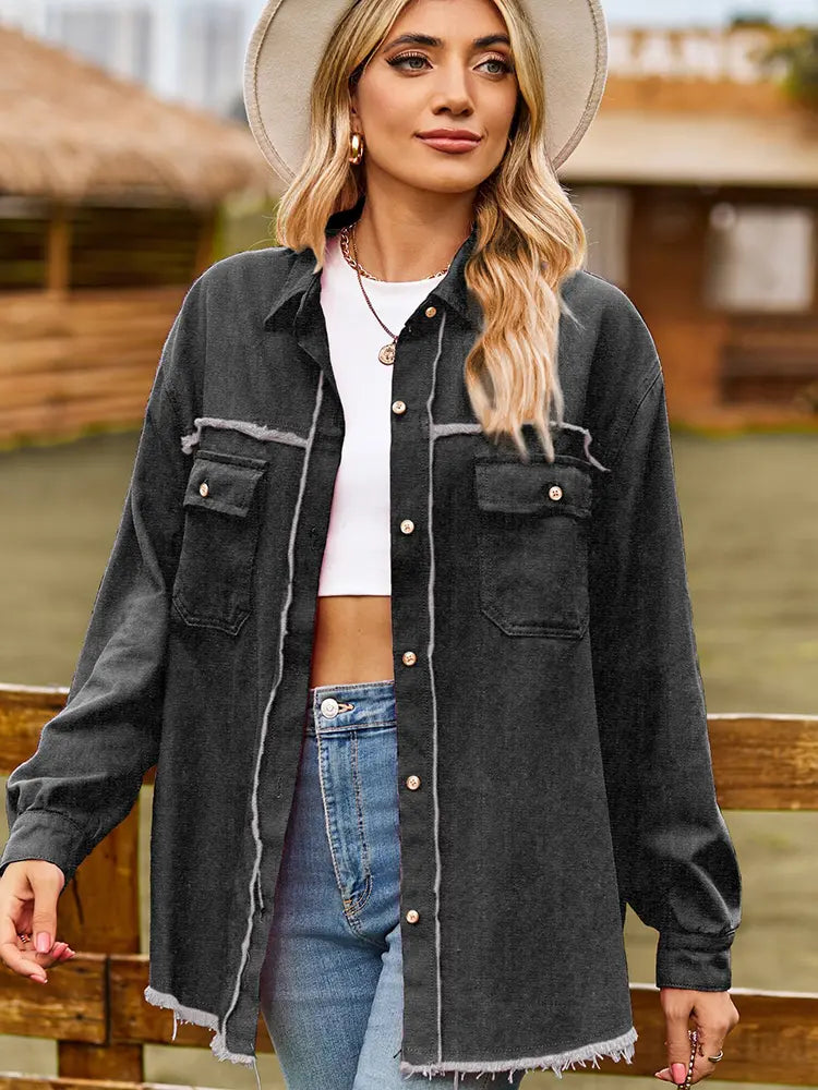 Frayed Hem Washed Denim Fringe Shirt