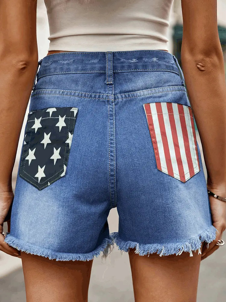 Flag Print Distressed Button-Up Denim Shorts