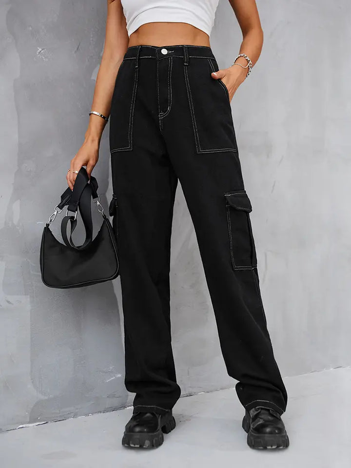 Vintage Elastic Waist Relaxed Fit Denim Cargo Pants