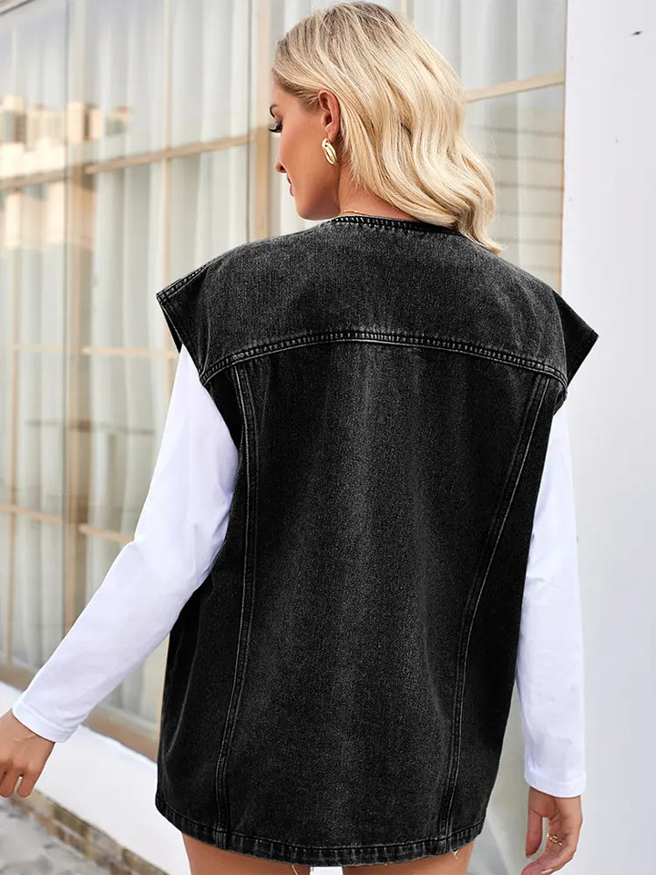 Trendy Washed Multi-Pocket Denim Vest