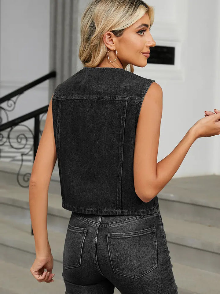 Slim Fit Button-Up Denim Vest Top