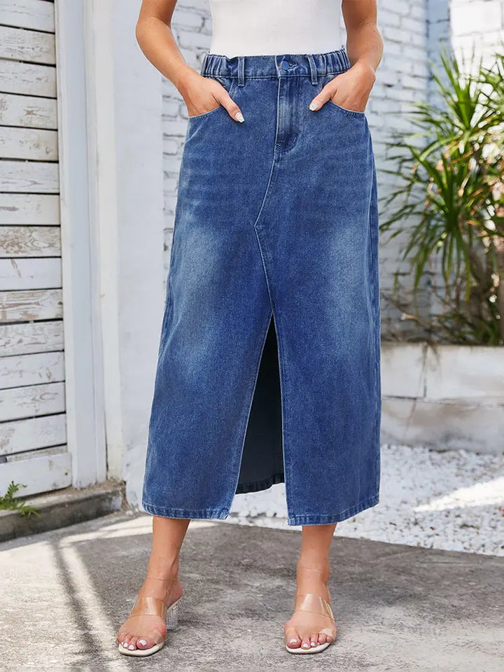 Gewassen denim midi-rok met elastische taille