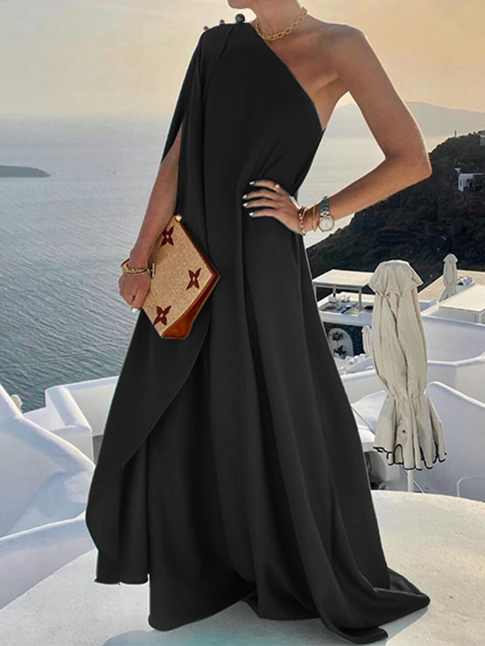 Fashionable Solid Color Loose One Shoulder Maxi Dress