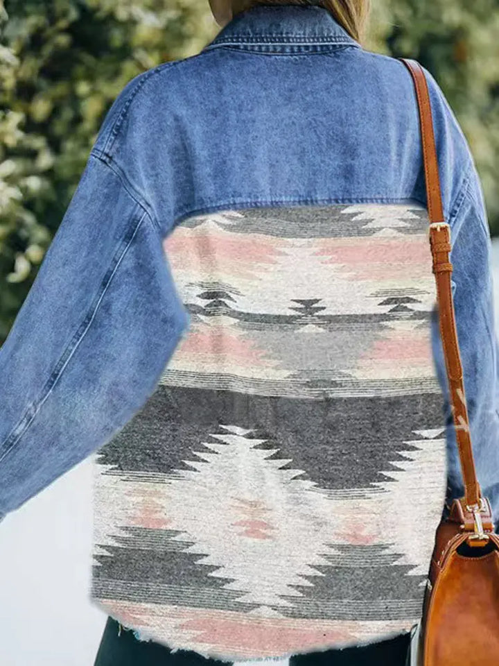 Boho Geometric Patchwork Denim Wool Coat