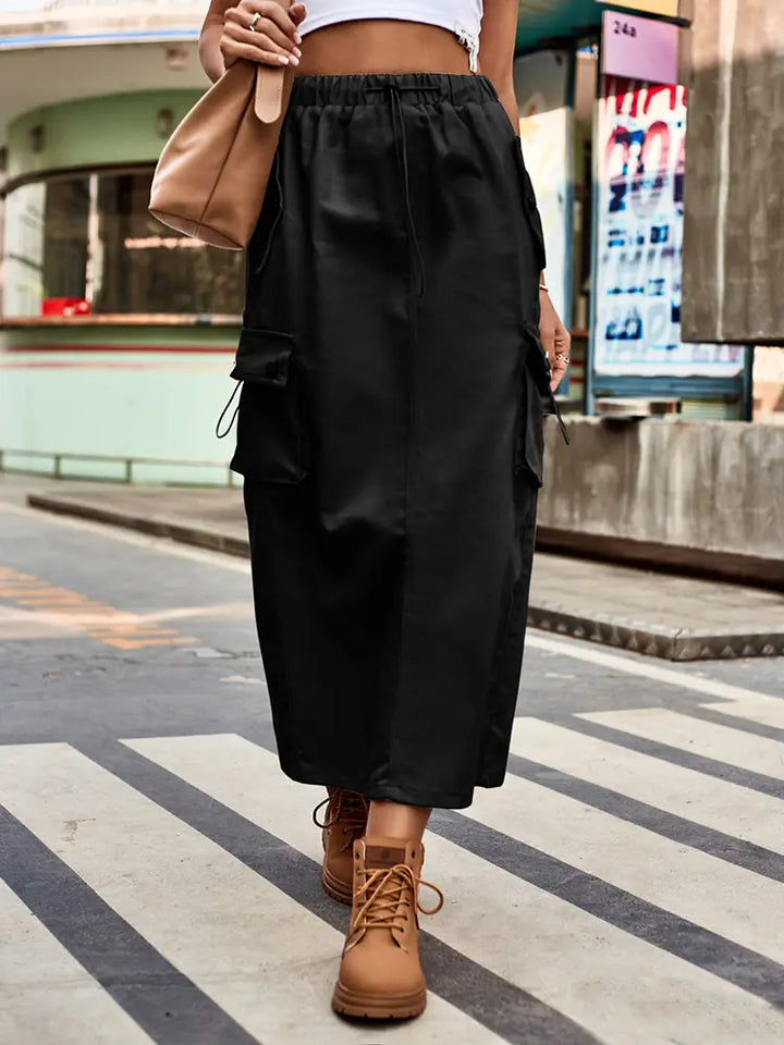 Drawstring Denim Cargo Midi Skirt