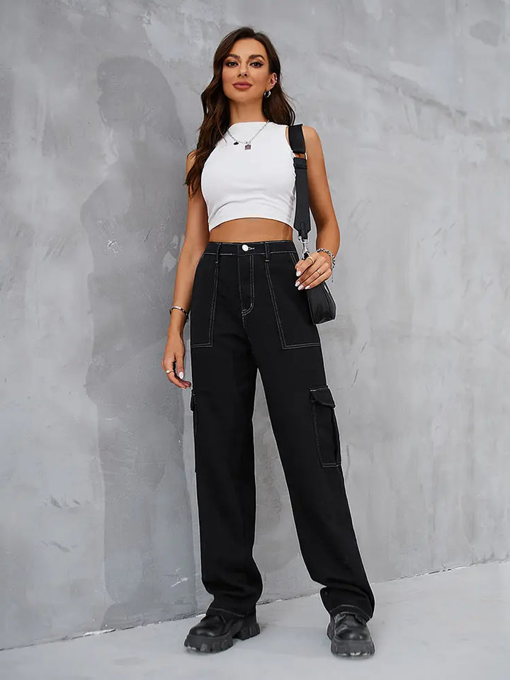 Vintage Elastic Waist Relaxed Fit Denim Cargo Pants